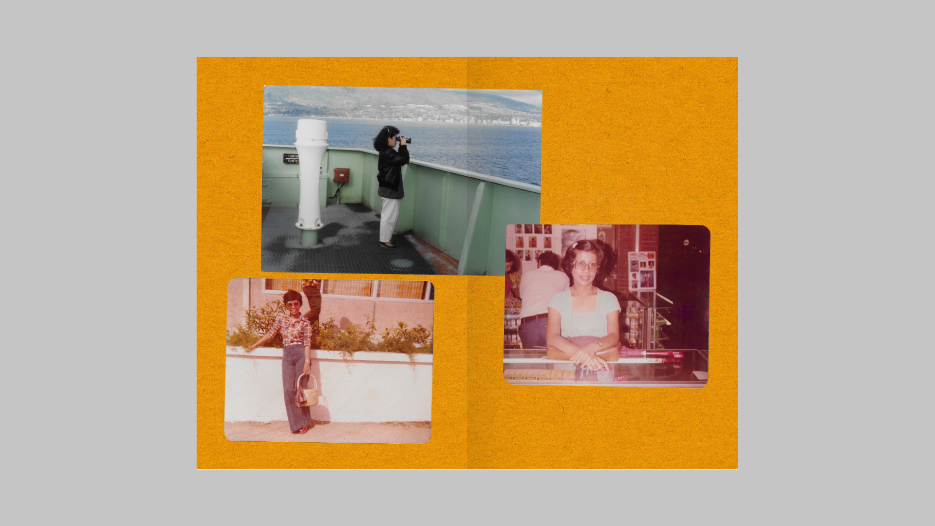 Spread of a page with a yellow background and 3 old pictures of Nana.